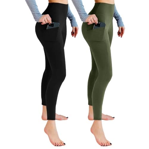 Image of Leafigure 2 Pack Gym Leggings for Women High Waist Opaque Leggings with Pockets for Workout Sport Yoga Running Black/Army Green SM