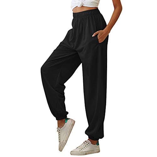Image of Nuofengkudu Women's Plain Loose Tracksuit Bottoms Breathable Harem Joggers Pants with Pockets Elastic Waist Tapered Leg Sweatpants Running Workout Summer Casual Lounge Wear(Thin-Black,M)