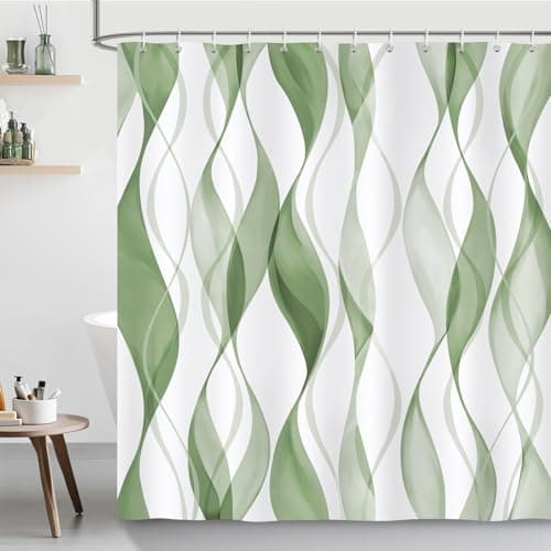 Image of Bonhause Sage Green Striped Shower Curtain, Modern Minimalist Bathroom Curtain 180 x 180 cm Waterproof Mildew and Mould Resistant Polyester Fabric Bath Curtain with 12 Hooks