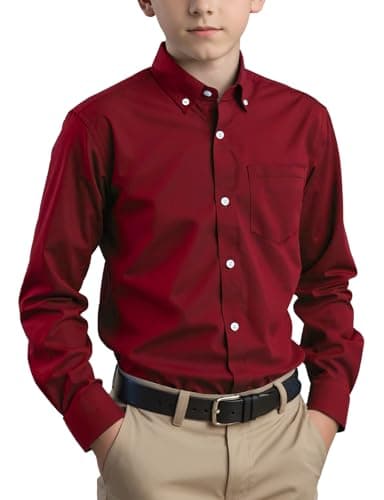 Image of Spring&Gege Boys Long Sleeve Uniform Cotton Twill Button Down Shirt for Children Burgundy Size 9-10 Years