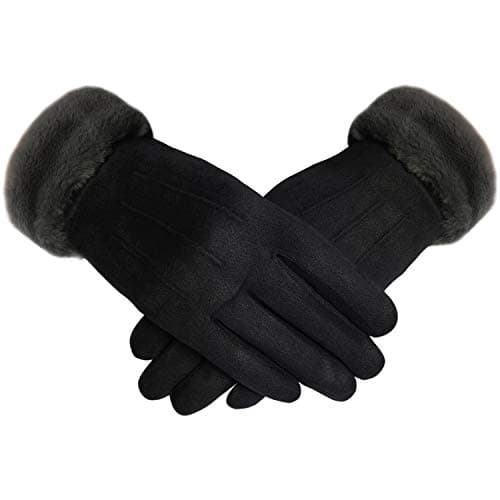 Image of TOSKATOK Ladies Womens Stylish Faux Suede Soft Warm Cosy Winter Gloves with Cosy Liner and Faux Fur Cuff-Black