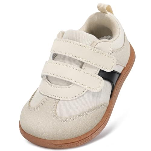 Image of STQ KIDS Boys Girls Toddler Barefoot Trainers Kids School Shoes Wide Toe Box Hook and Loop Zero Drop First Walking Shoe Lightweight Non Slip Casual Sports Running Tennis Sneaker Beige White UK 6 / T6