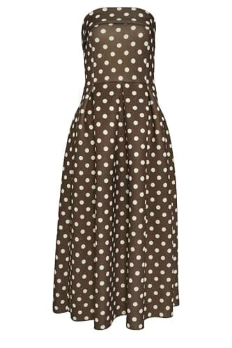 Image of Long Tall Sally - LTS Tall Brown Bandeau Polka Dot Pleated Midi Dress - Women's