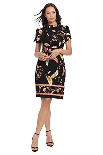 Image of London Times Women's Side Neck Tie Knee Length Dress, Black/Light Beige, 12