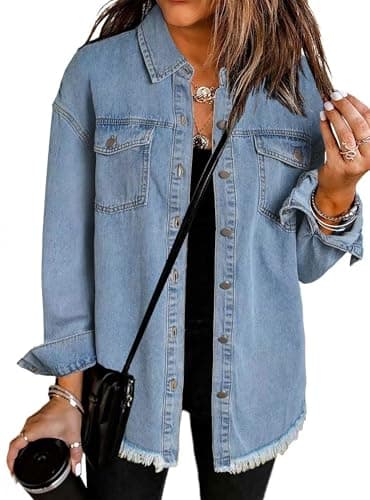 Image of MAGIMODAC Ladies Denim Jackets Long Sleeve Jean Jacket Shirt Button Down Solid Colour Shacket Casual Boyfriend Shackets Regular Fit with Pockets Light Blue 2XL