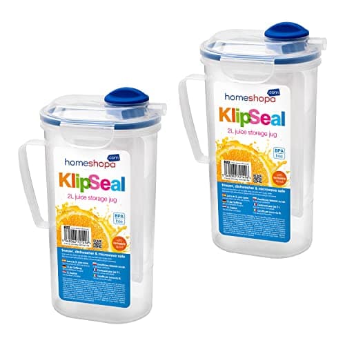 Image of HOMESHOPA Clip & Lock Fridge Door Water Jug with Handle, 2 Pack 2 Litre Rectangular Liquid Water Storage Jug, BPA Free Plastic Pitcher with Flip Top Lid, Leak Proof & Airtight, Clear/Blue