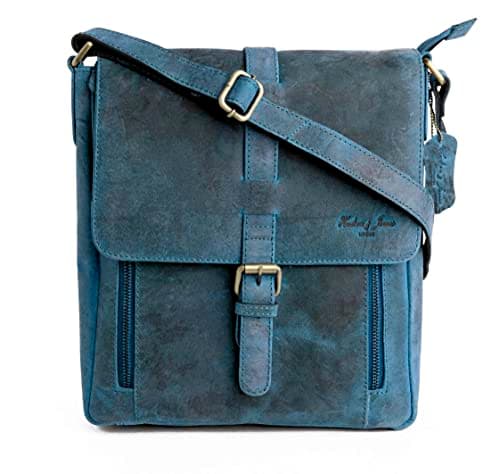 Image of Hudson & James - Leather Designer Genuine Real Napa Handmade Unisex Cross Body Everyday Crossover Work iPad Shoulder Messenger Bag (Distressed Blue)