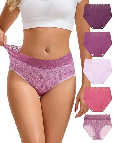 Image of INNERSY High Waisted Knickers for Women Lace Cotton Underwear Ladies Pants High Leg Briefs 5 Pack (16, Feminine Purple Hues)