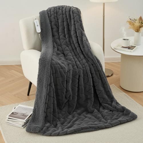 Image of CURECURE Heated Throw Blanket Electric Extra Long 180cms, Luxury Faux Fur & Fleece Electric Over Blanket for Sofa Bed, Overheat Protection, 4 Heat Levels, 10H Auto-Off, Machine Washable, Grey