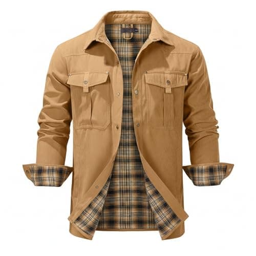 Image of Men's Checked Lined Jacket, Shirt Jacket, Transition Jacket, Lightweight Stand-Up Collar, Field Jacket, Cargo Autumn Jacket, Snap Western Cowboy Jackets, Cotton, Casual Outdoor Jacket with Pockets