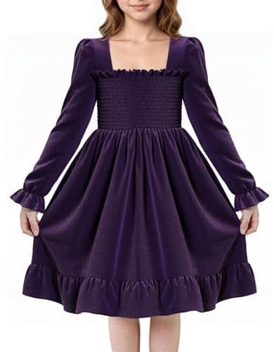 Image of JiAmy Girls Velvet Dress Long Sleeve Party Frock Elegant Square Neck Smocked Toddler Vintage Ruffle Princess Gown Dresses for Kids 4-5 Years, Purple