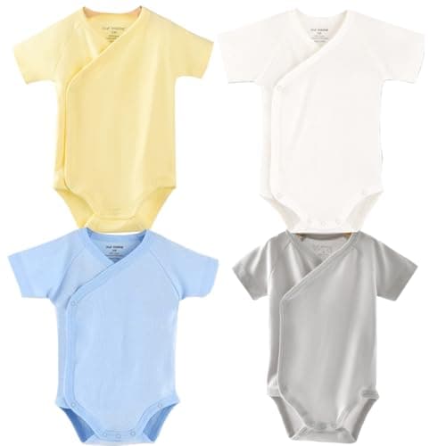 Image of Blueleyu, Baby Boys Girls Short Sleeves Kimono Clothes Cotton Baby Side-Snap Bodysuit Pack of Baby Layette Set (3-6 Months), Yellow/grey/blue/white
