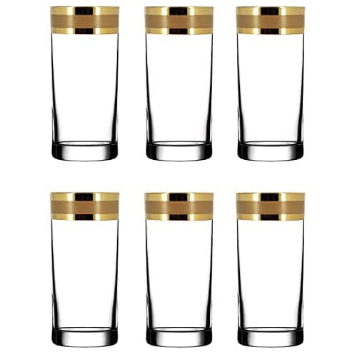 Image of Highball Glasses Set of 6 with Gold Rim and Heavy Base/Tumbler Drinking Glasses Decorated with Unique Gold Ornament/Gift for Women, Men - 300ml (Modern Style)