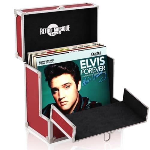 Image of Retro Musique 12 Inch Vinyl Record Storage Case Aluminium with Flip Front Flap for Better Access to Your Vinyl Records, Holds Up to 40 Vinyl Records, Red, Red, Suitcase