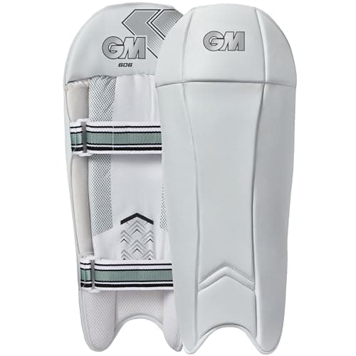 Image of Gunn & Moore GM Cricket Wicket Keeper Keeping Pads | 606 | PVC Facing with Dual Layer Foam Face Filling | Mesh Instep | Adult | Approx 1.065 kg per Pair | 1 Pair | White with GM Logo