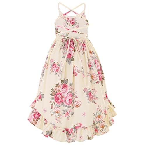 Image of Somlatrecy Vintage Floral Girls Dress Summer Casual Cotton Baby Dress for 1-12 Years - off-white - 10 Years