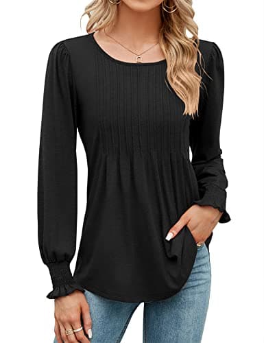 Image of Rapbin Women's Long Sleeve T Shirt Pleated Tunic Tops Blouses Loose O Neck Ladies Printed Pleated Tunic Shirts Black XXL
