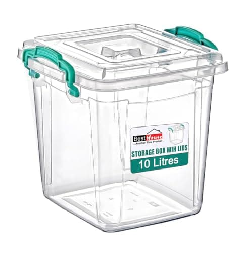 Image of Best House | Plastic Storage Box with Clips & Lids | Size: 10L (L:26cm W:26cm H:26.2 cm)| Set of 1 | Square Shape |Stackable Clear Multipurpose Home Office Kitchen Tools Crafts (MEDIUM Size)
