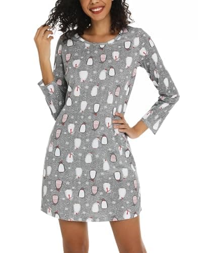 Image of ENJOYNIGHT Womens Nightdresses Long Sleeve Nighties Cotton Nightshirt Soft Sleepwear Loungewear (Small,Grey Penguin)