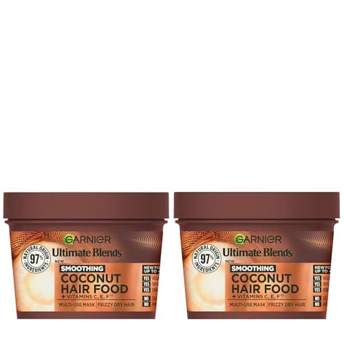 Image of Garnier Hair Food 3-in-1 Hair Treatment Mask, Smooths and Nourishes, For Frizzy & Curly Hair, No Silicones, Vegan Formula, Coconut Oil, Ultimate Blends, 400ml (Pack of 2)
