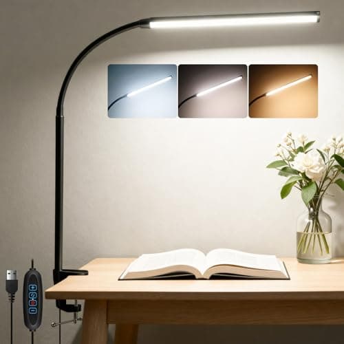 Image of Akynite 54 LED Clip on Desk Light, 3 Colour Modes & 10 Brightness, Dimmable Gooseneck Lamp, Eye Caring Clamp Desk Lamp, USB Powered Clip on Table Light for Home Office Study Craft Work, Black