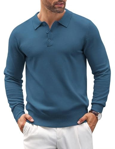 Image of COOFANDY Mens Polo Jumper Long Sleeve Poloshirts Knitted Sweater Basic Sweatshirts Solid Color Pullover Denim Blue L