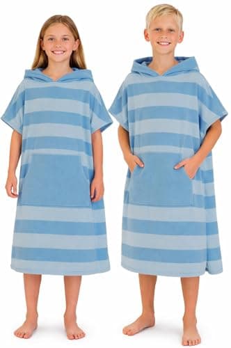 Image of Adore Kids Changing Robe Towel Poncho Hooded with Pocket - Beach Pool Surf Cover Up Soft Microfibre, Age 10-13, Blue Stripe
