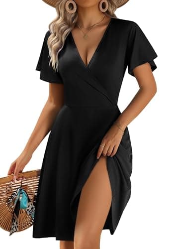 Image of Zeagoo Women's Summer Dresses Short Sleeve V-Neck Dress Floral Wrap Sundress Ruffle Sleeve A-Line Dress with Pockets Black XL