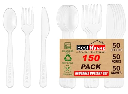 Image of BH | Reusable Plastic Cutlery Set | 150 Pcs (50 Spoons, 50 Forks, 50 Knives) | Clear Mix Cutlery Set for Birthday, Parties, Picnics, BBQ's, Camping, and Everyday Use - by Best House