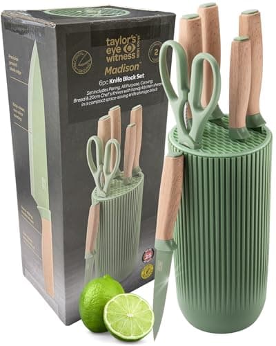 Image of Taylors Eye Witness 6-Piece Knife Block Set – Sharp Green Stainless Steel Knives with Scratch-Resistant Blades and Soft-Touch Wooden-Look Handles