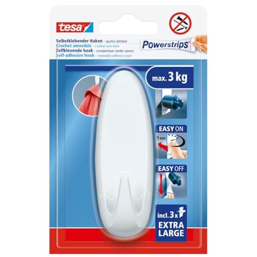 Image of tesa Powerstrips Self-Adhesive Hook XL - Oval with Extra Strong Hold - Drill-Free Mounting - Reusable for Bathroom or Kitchen - White - 1 x Hook, 3 x Powerstrips XL