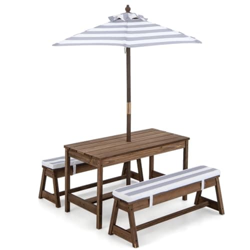 Image of COSTWAY Kids Picnic Table, Children Wood Table and Bench Set with Cushions, Adjustable Umbrella, Garden Furniture Parasol for Girls Boys (Grey)
