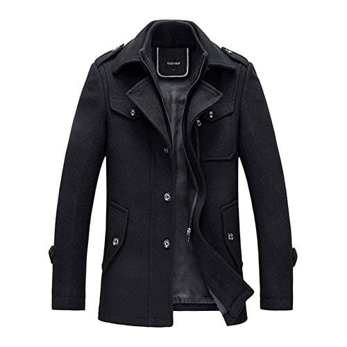 Image of YOUTHUP Mens Wool Coats Casual Thick Short Winter Trench Coat Regular Fit Peacoat with Detachable Inner Collar, Black-thin, S