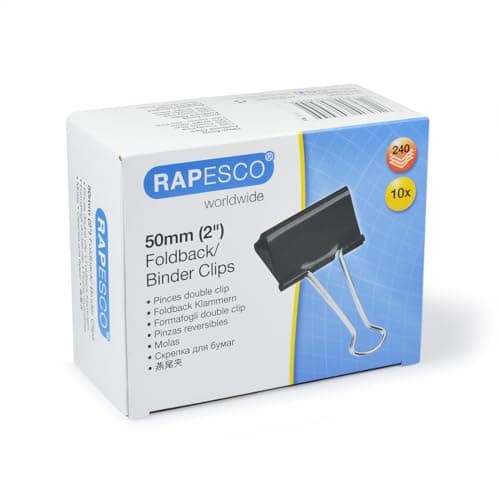Image of Rapesco FBC500B1 50 mm Foldback Clips, Black, Pack of 10