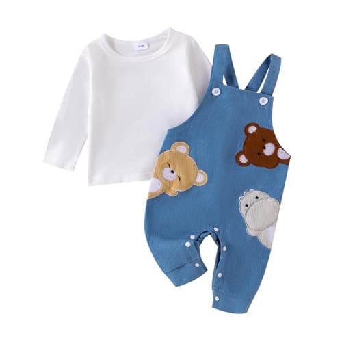 Image of Vioyavo Newborn Baby Boys Girls 2 Pieces Outfit Long Sleeve Crewneck T-shirt Top Animals Embroidery Overall Pants Spring Fall Clothes Set (White, 3-6 Months)