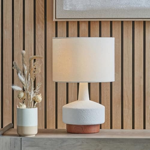 Image of Pacific Lifestyle Small White Ceramic Table Lamp with Wood Effect Textured Base | Contemporary Grain Sanded Lamp and Shade | Coastal Bedside Table Lamps | Living Room Lamp Complete with Shade (White)
