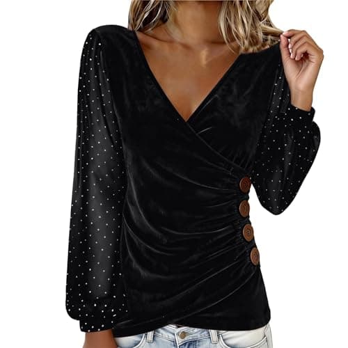 Image of Velvet Tops for Women Elegant Cowl Neck Pleated Blouse Dressy Casual Going Out Puff Long Sleeve Tops Autumn Clothes (Z07-Black, M)
