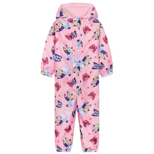 Image of Bluey Puddle Suit for Girls Waterproof Overalls All in One Rainsuit Kids with Hood Fleece Lined Outdoor Lightweight Rainwear for Outdoor Play Travel (Pink, 3-4 Years)