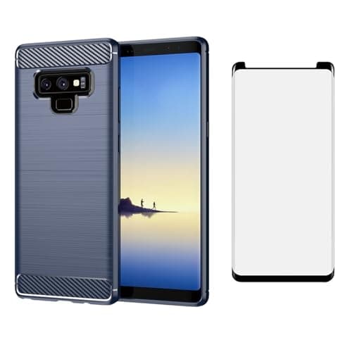 Image of Asuwish Compatible with Samsung Galaxy Note 9 Phone Case with Tempered Glass Screen Protector Cover Grip Slim Silicone Rugged Shockproof Cell Accessories Carbon Fiber Note9 Not S9 for Women Men Blue
