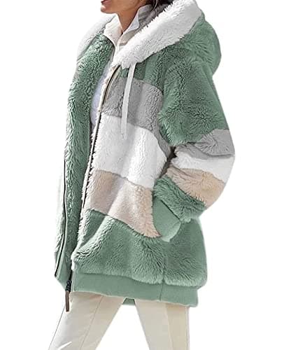 Image of ABINGOO Women's Plush Jacket Winter Warm Fleece Hoodie Color Block Baggy Sherpa Hooded Zipper Pocket(Green,XL)