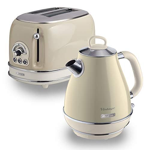 Image of Ariete ARPK1 Retro Style Jug Kettle and 2 Slice Toaster Set, 1.7 Litre Kettle, Cool Touch, Auto Switch Off, Toaster Has 6 Browning Levels, Crumb Tray, Beige