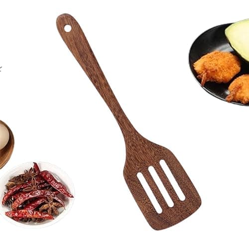 Image of Wooden Slotted Spatula 12 Inches Long Handled Wood Kitchen Flat Spatula Heat Resistant Wood Spatulas for Baking Non Stick Cookware