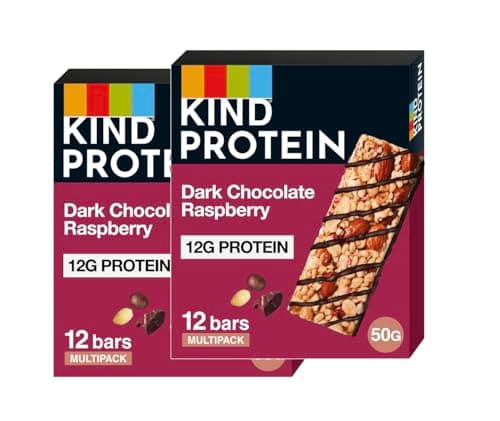 Image of KIND Protein Bars, Dark Chocolate Raspberry, High Fibre, Healthy Snack, Gluten Free, 12g Protein, No Artificial Colours, Flavours or Preservatives, Multipack 24 x 50g