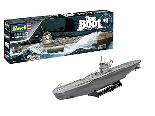 Image of Revell Gift Set 05675 "Das Boot Movie 40 Years Collector's Edition 1:144 Scale Unbuilt Plastic Model Kit with Contacta Professional Glue, Paintbrush, Selected Aqua Color Paints & Repro Movie Poster