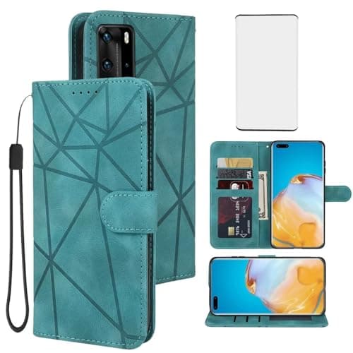 Image of Tothedu Case for Huawei P40 Pro/P40 Pro Plus/Huawei P40 Pro+ Wallet Case with Tempered Glass Screen Protector, Flip Leather Credit Card Holder Wrist Strap Stand Phone Cover for Huawei P40 Pro Green