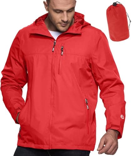 Image of Outdoor Ventures Men's Lightweight Waterproof Jacket Windproof Rain Coats Pack Away Hooded Jackets Windbreaker for Camping Fishing Running Cycling Bright Red L