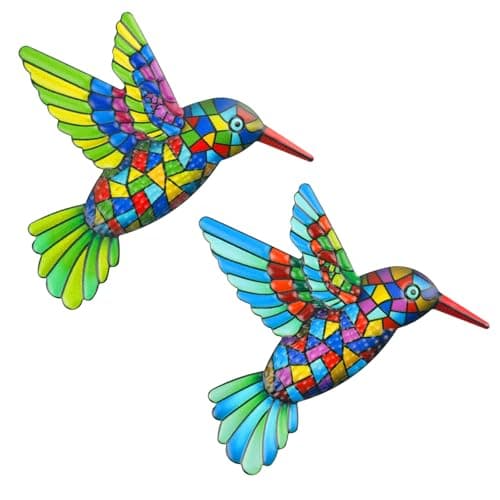 Image of Weysoo 2 Pcs Metal Hummingbird Garden Ornaments Outdoor,Wrought Iron Colorful Hummingbird Wall Decor for Outside Garden Patio Fence Home Bedroom Hanging Decoration