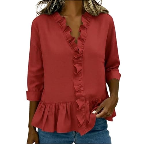 Image of Peplum Tops for Women UK V Neck 3/4 Sleeve Ruffle Blouse Casual Linen Shirt Elegant Frill Trim Blouse Fashion Enthusiasts Work and Weekend Outfit for Everyday Wear M Red