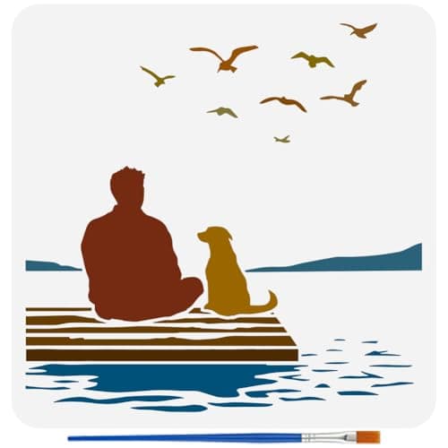 Image of FINGERINSPIRE People and Dogs Stencil with 1Pc Plastic Paint Brush 30x30cm Reusable Shore Scenery Template Flying Birds Stencil Human Dog Pattern Template for DIY Art Craft Home Wall Decor