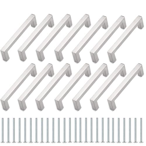 Image of MUXHEL 14 PCS Brushed Nickel Kitchen Cabinet Handles, 160mm Hole Centre Square Bar Cupboard Door Pull Handles, 201 Stainless Steel Modern Handles for Kitchen/Bedroom/Bathroom Cabinets, Screws Included
